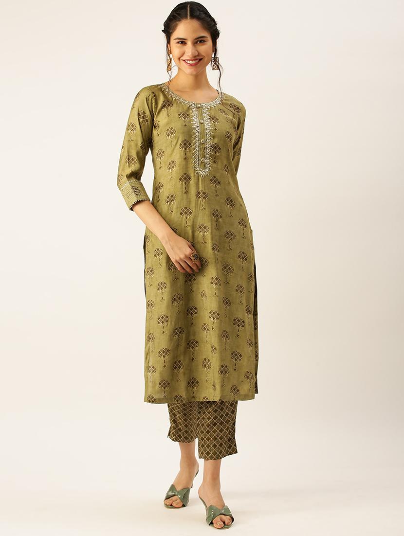 women printed round neck kurta pant set