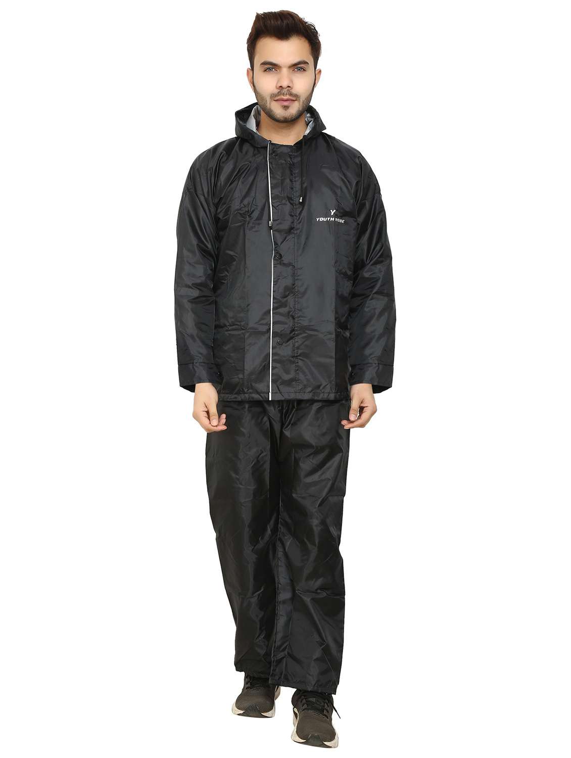 black hooded solid rain suit
