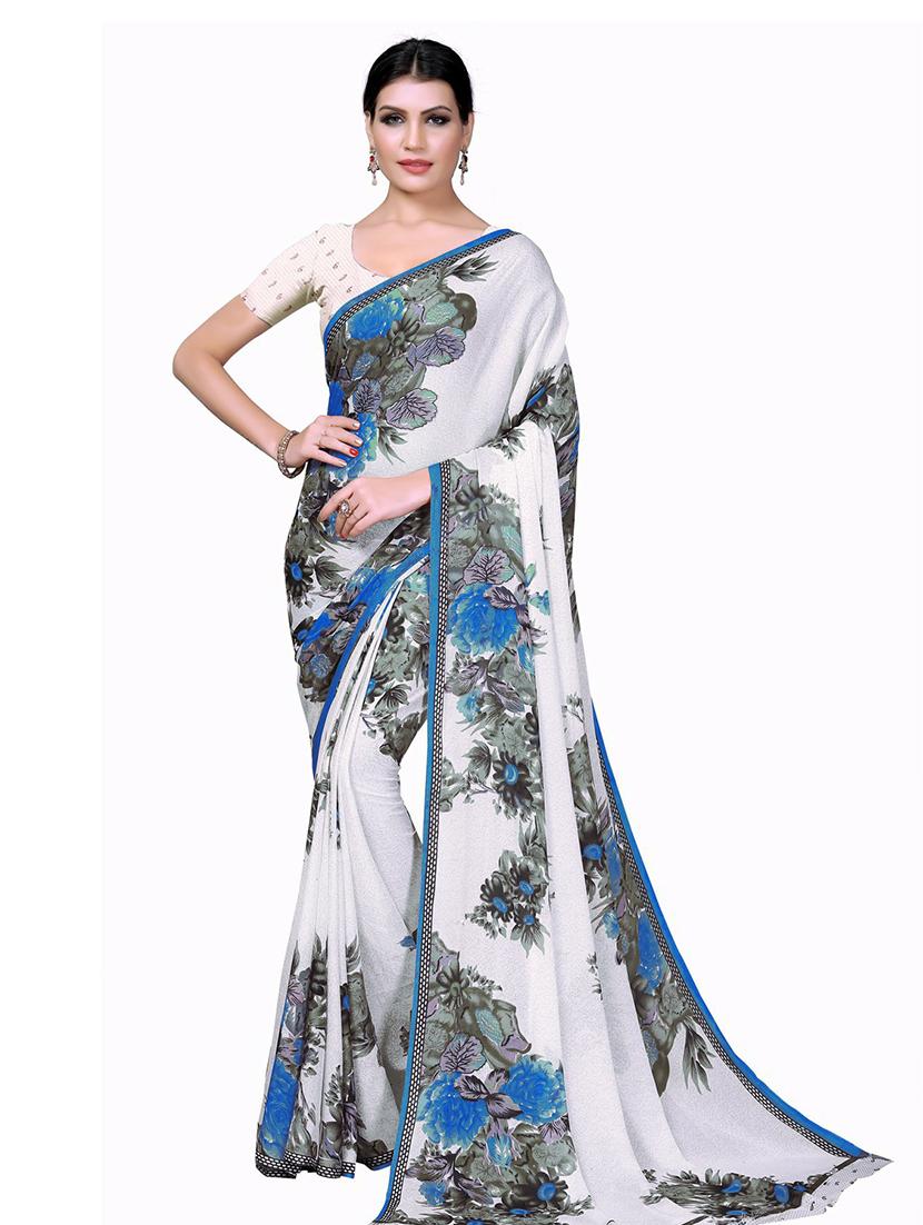 women's floral white colored saree with blouse