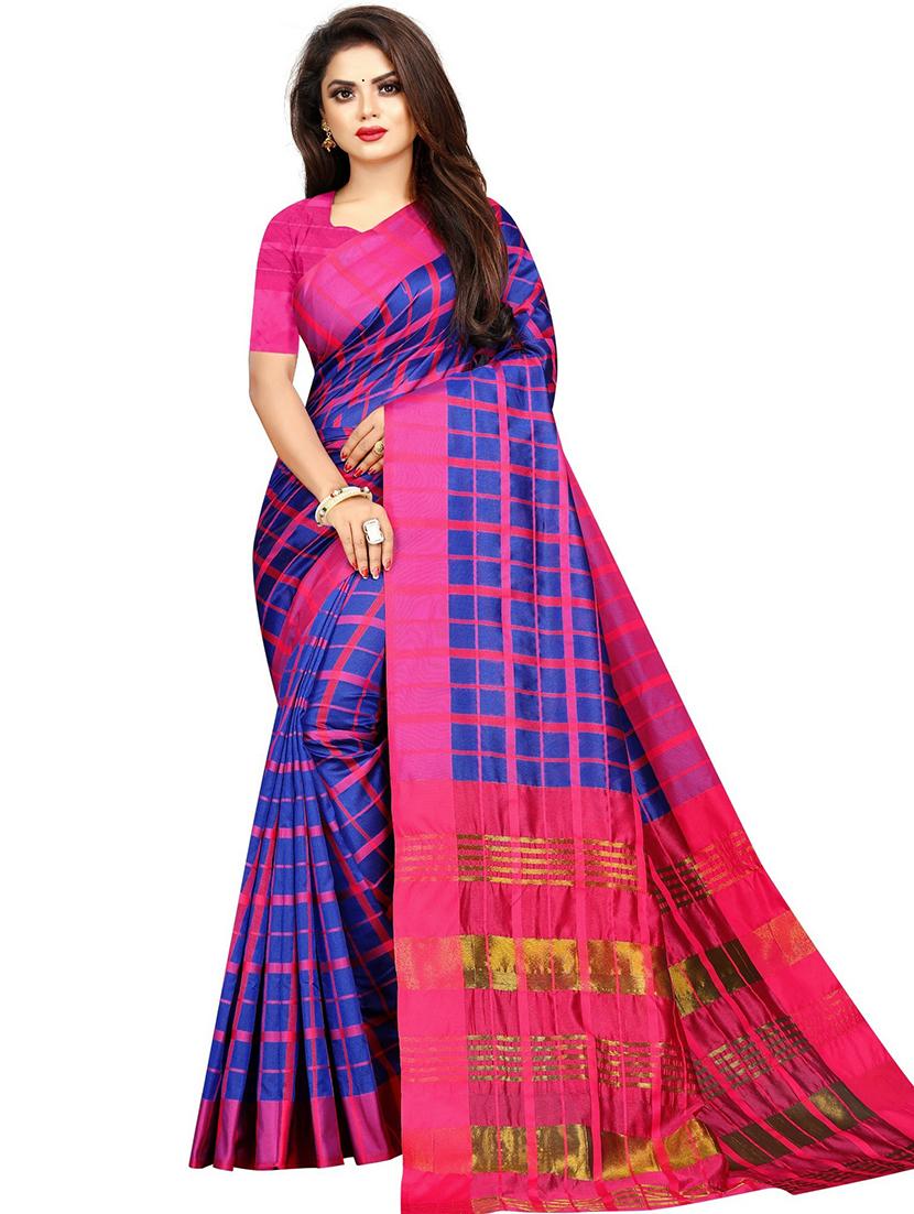 zari work checkered saree with blouse - 18482446 - Zoom Image - 0