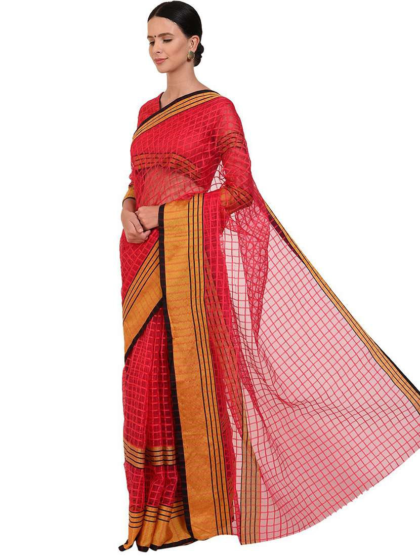 women's checks orange colored saree with blouse - 18482461 -  Standard Image - 1
