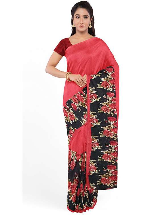 women's floral red colored saree with blouse