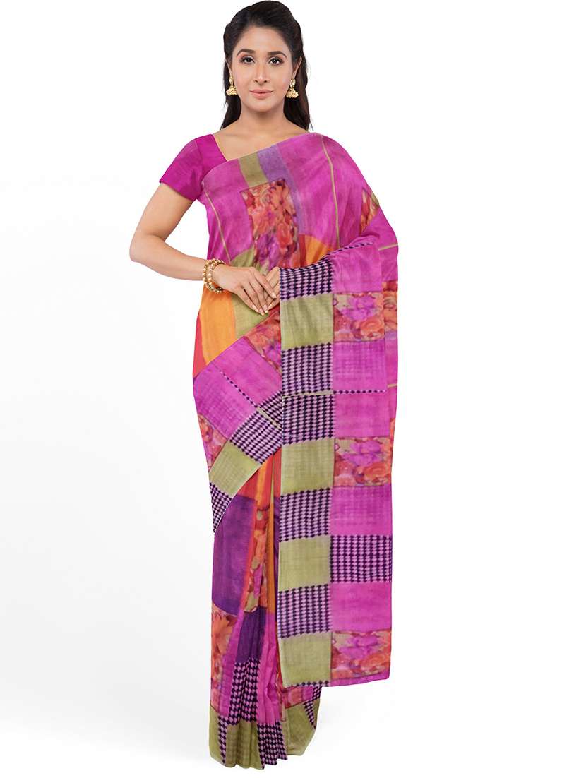 women's floral pink colored saree with blouse
