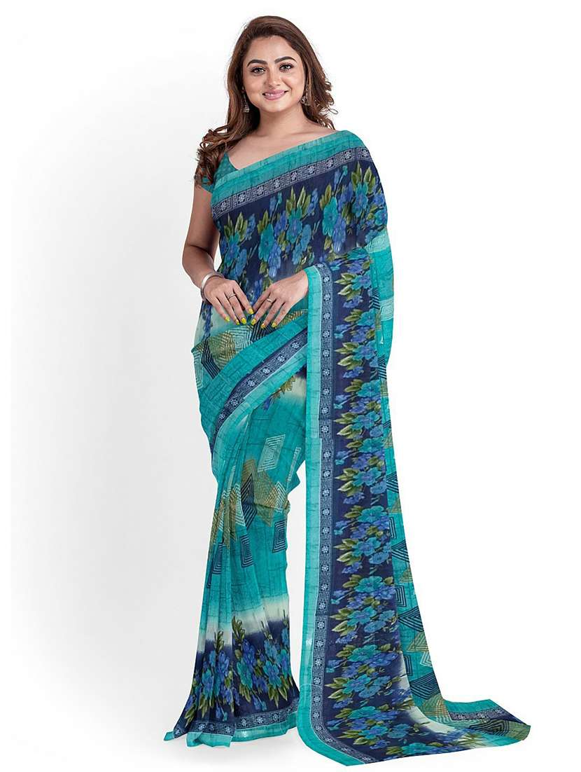 women's floral turquoise colored saree with blouse
