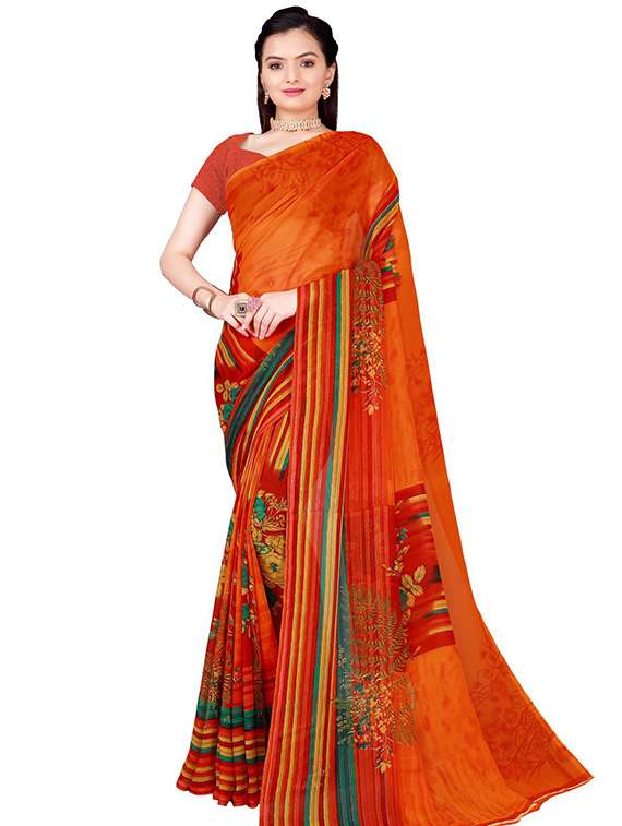 women's stripes orange colored saree with blouse