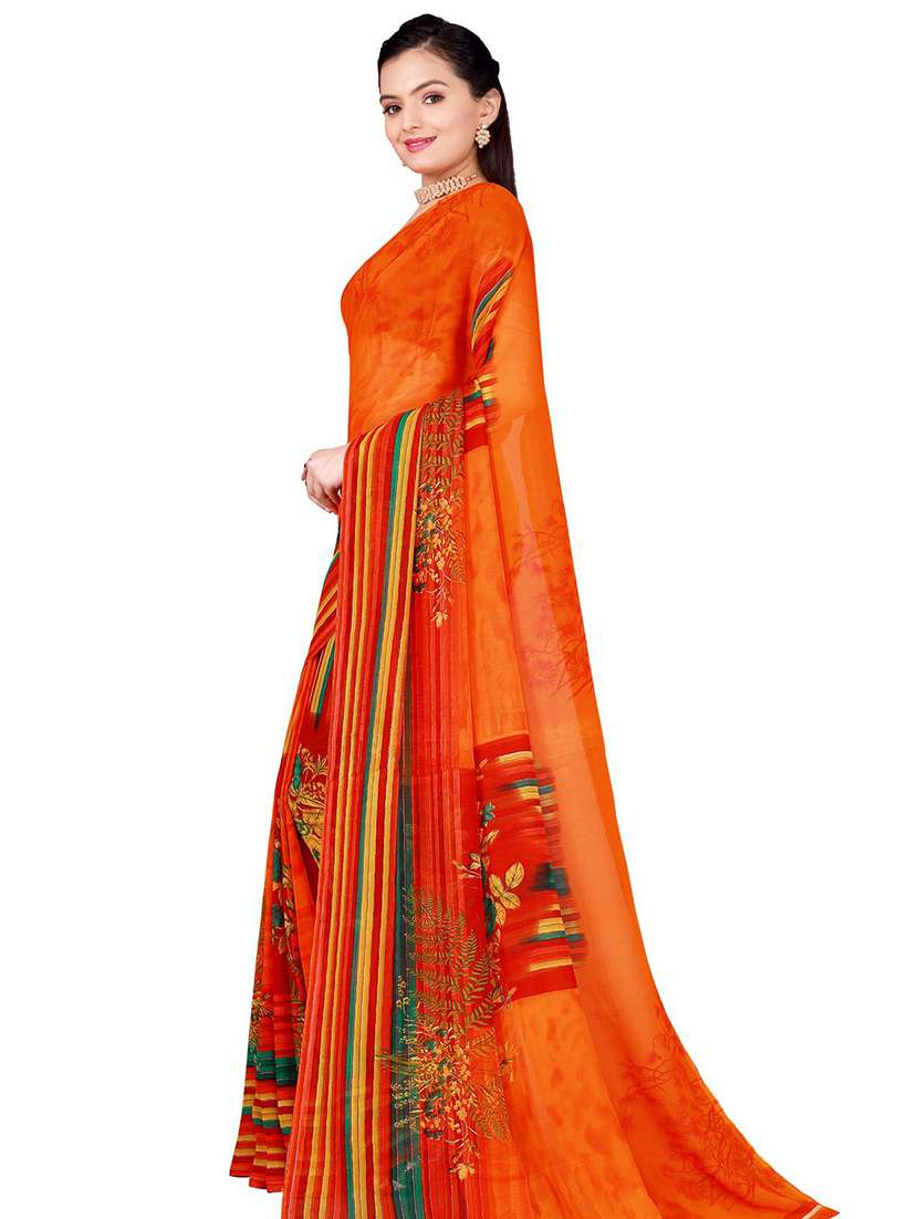 women's stripes orange colored saree with blouse - 18484865 - Standard Image - 1