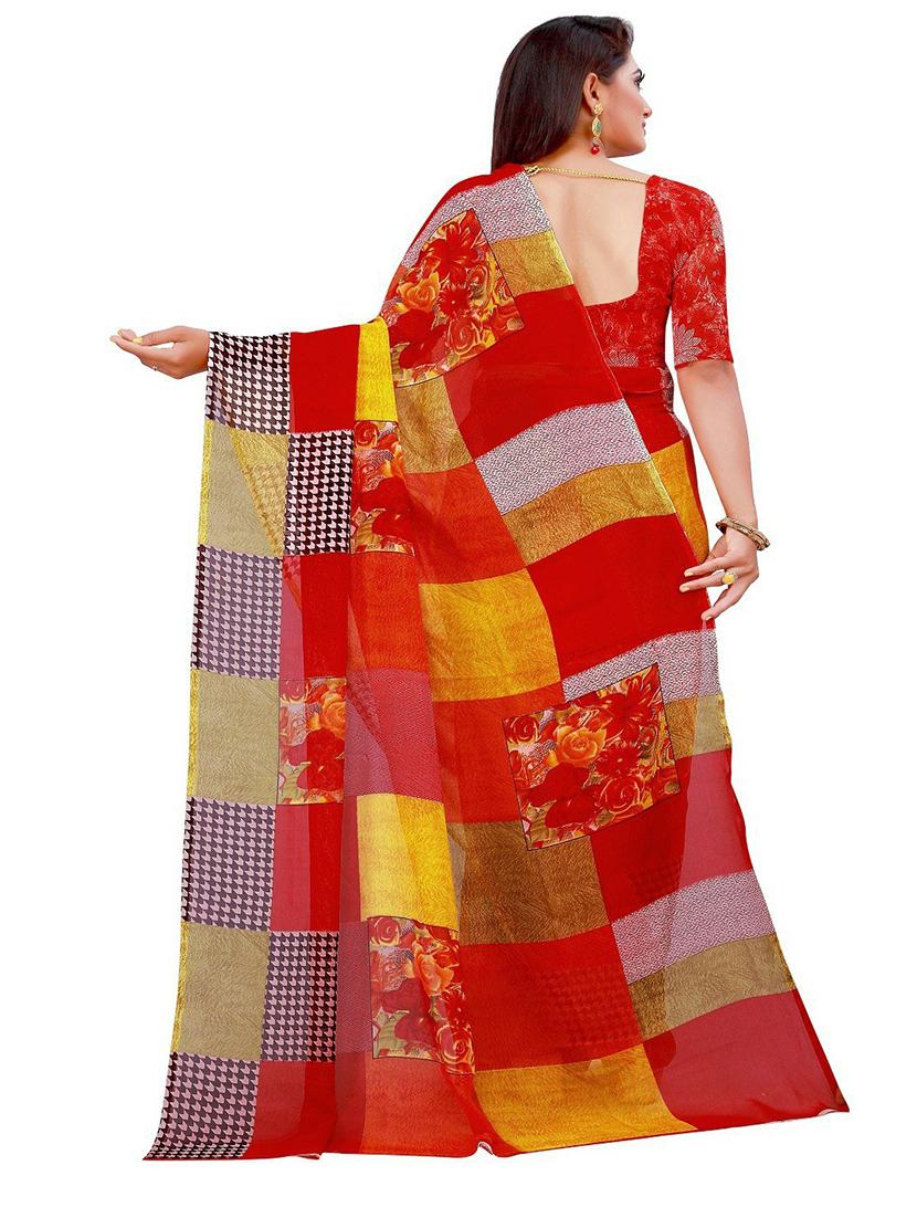 women's checks red colored saree with blouse - 18484866 -  Standard Image - 1