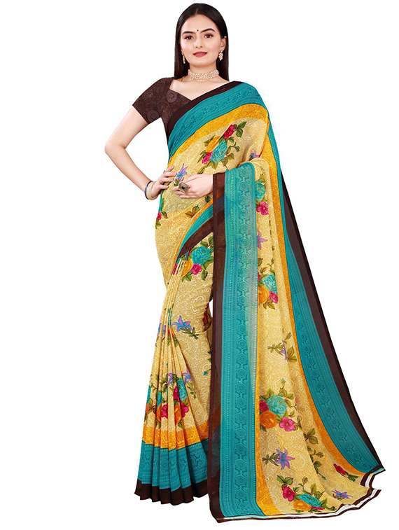 women's floral beige colored saree with blouse