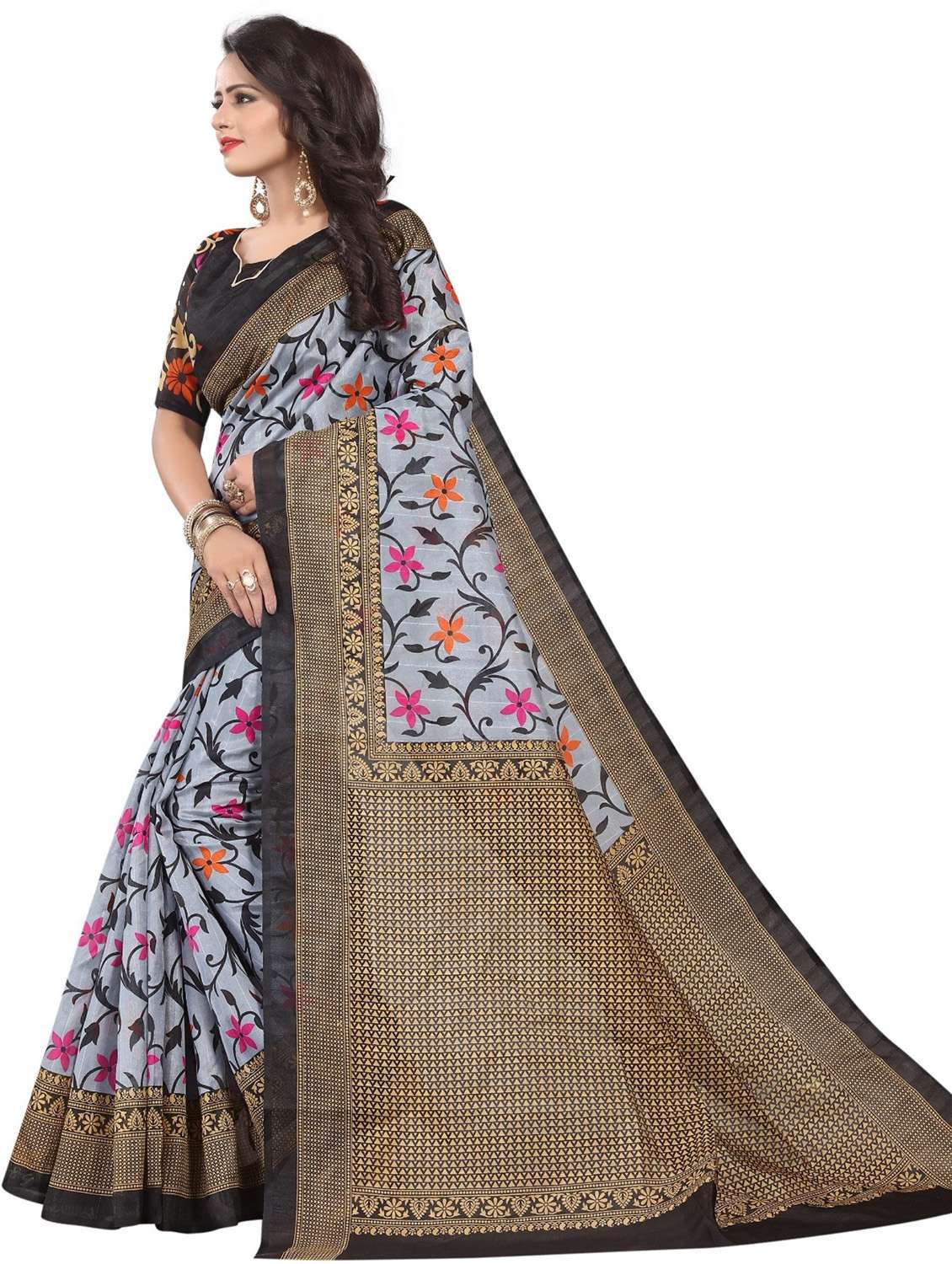 women's floral pearl grey colored saree with blouse - 18487658 -  Standard Image - 1
