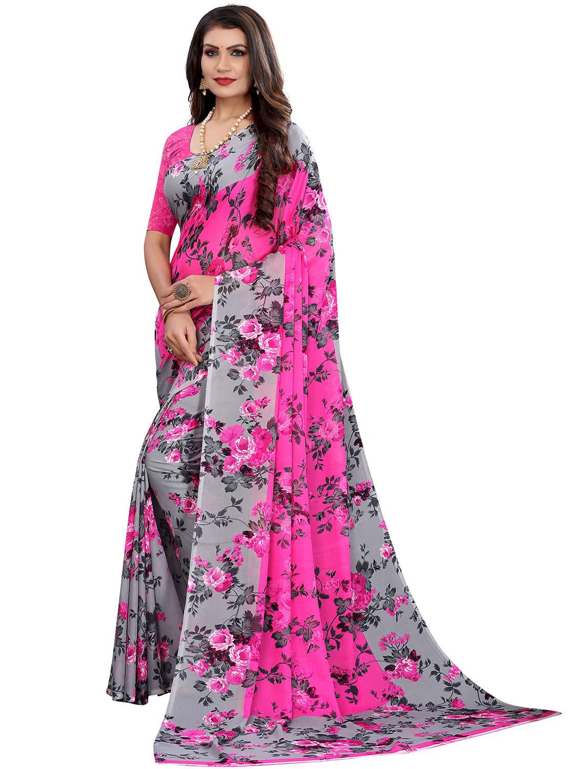 women's floral pink colored saree with blouse - 18487699 -  Standard Image - 1