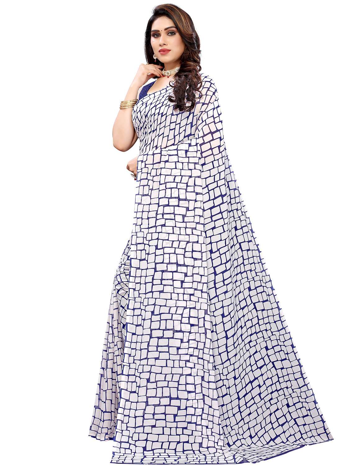 women's printed navy blue colored saree with blouse - 18487924 -  Standard Image - 1
