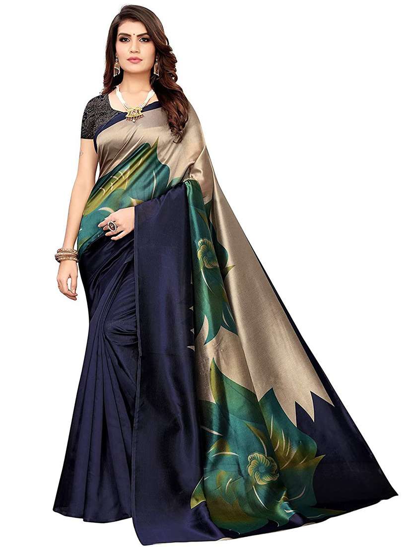 women's floral navy blue colored saree with blouse