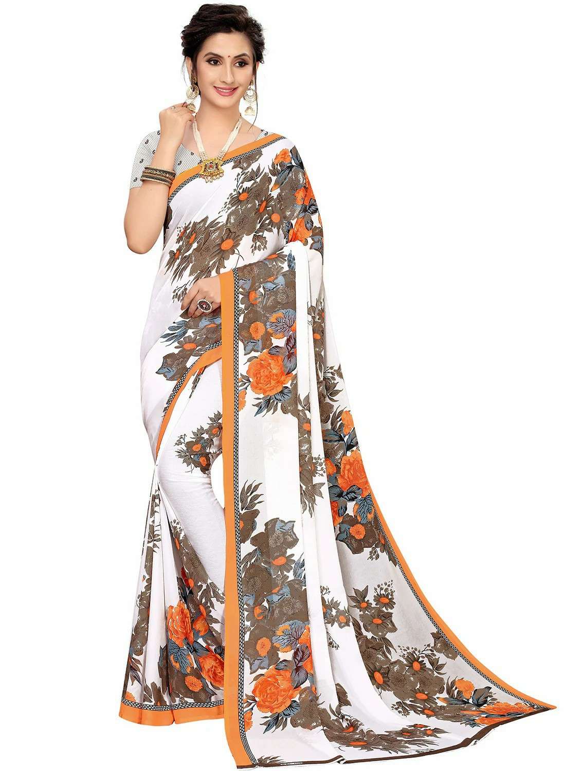 women's floral white colored saree with blouse