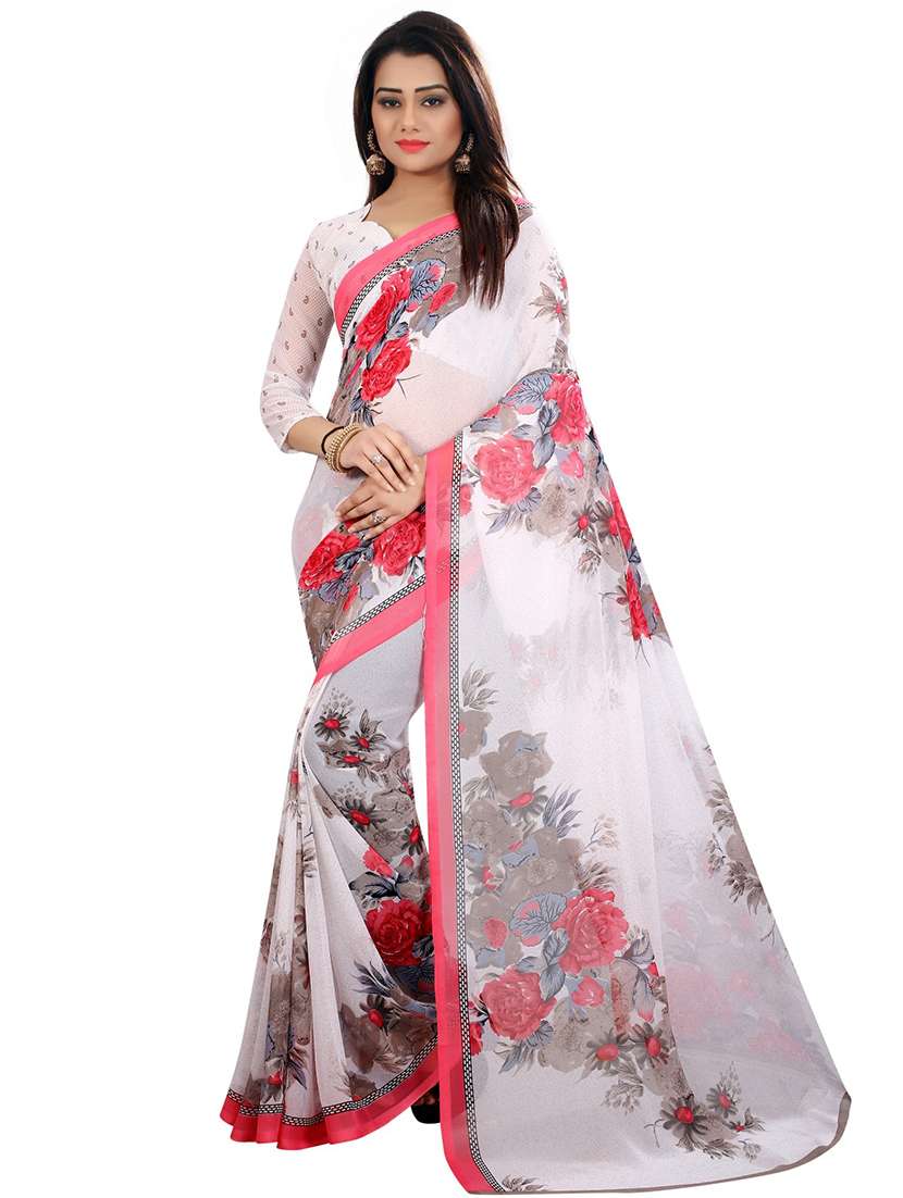 women's floral pink colored saree with blouse