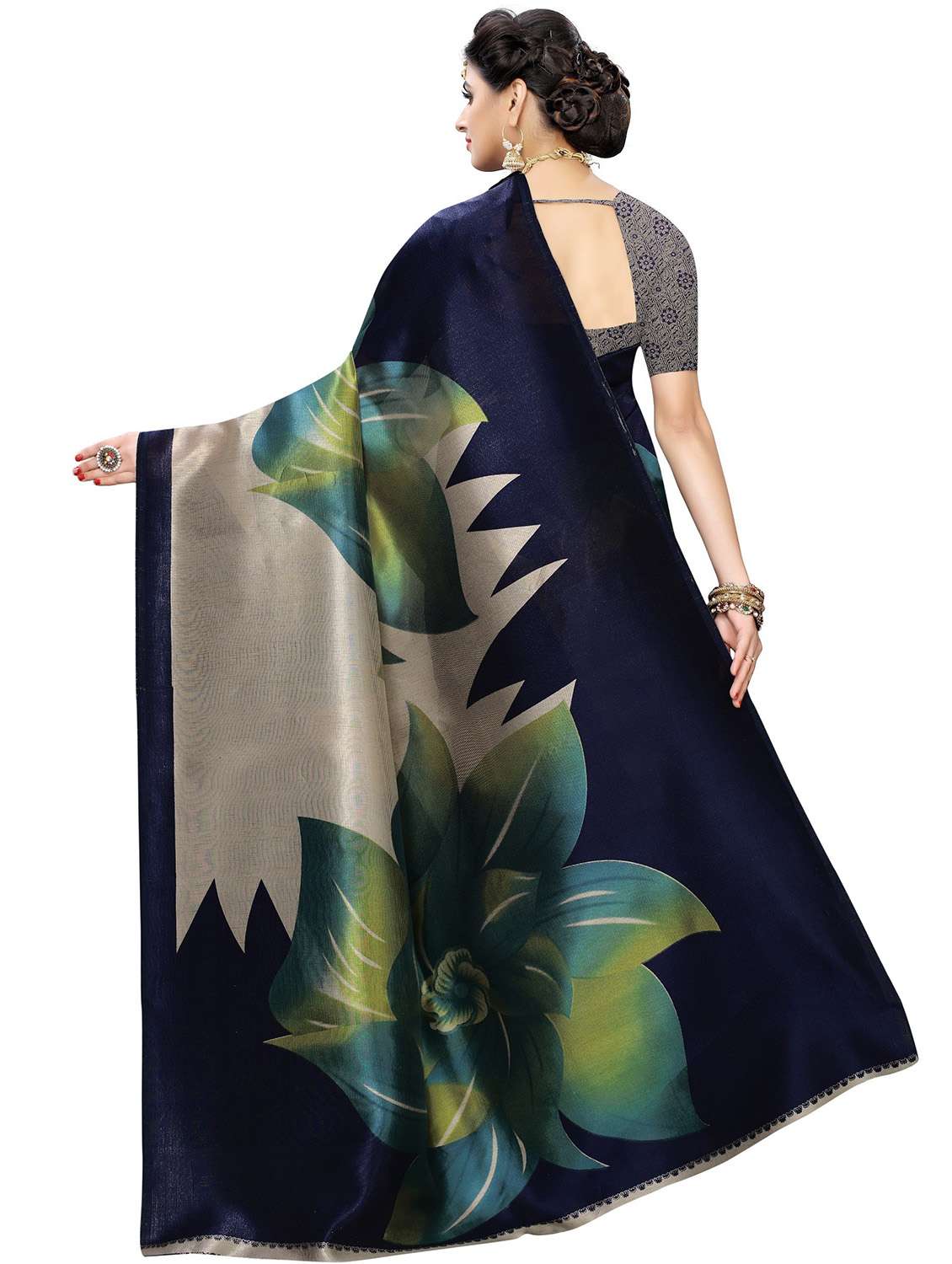 women's floral navy blue colored saree with blouse - 18488219 -  Standard Image - 1