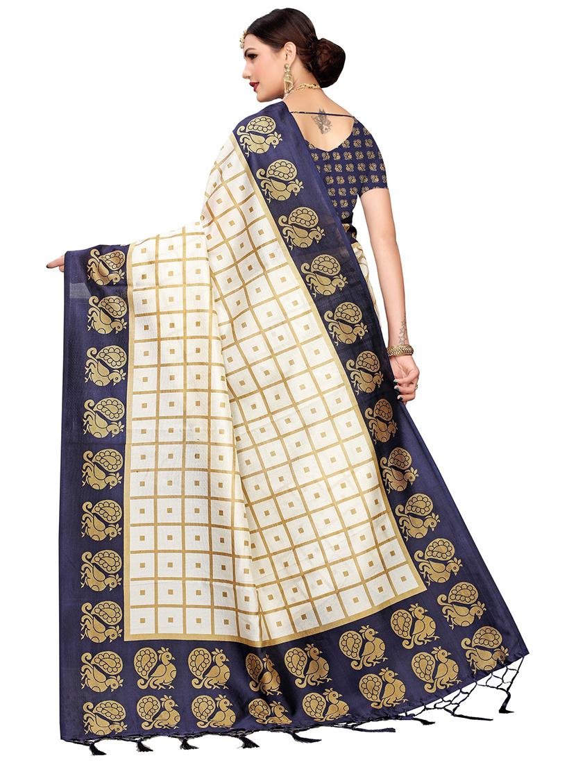 off white check printed saree with blouse - 18488481 - Standard Image - 1
