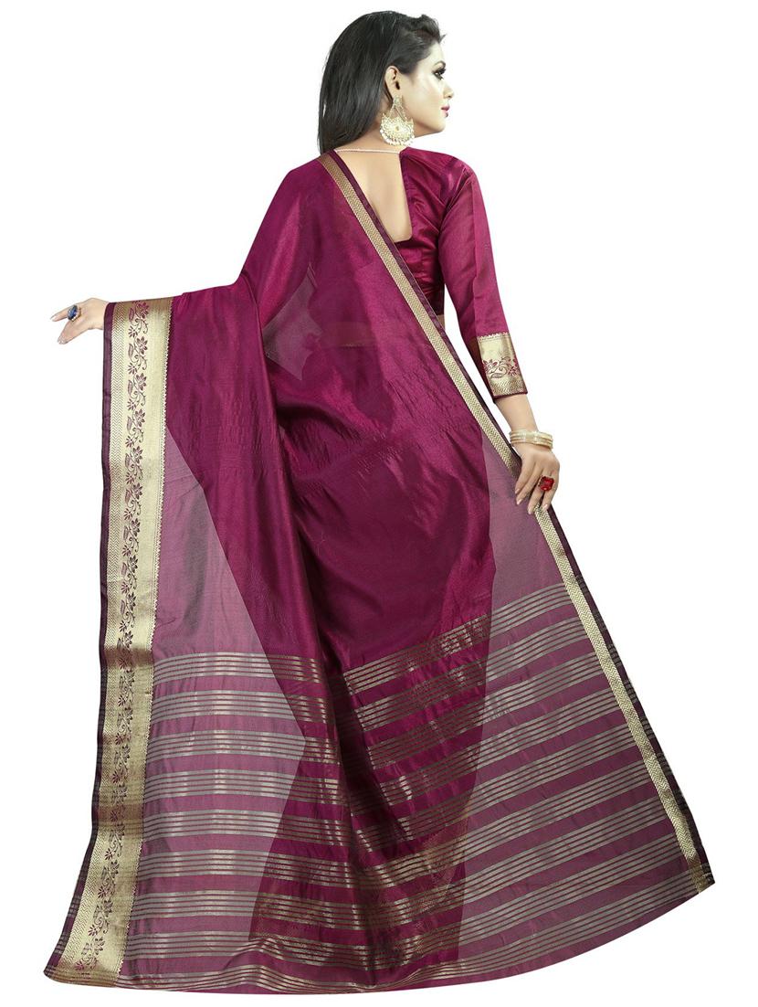 magenta cotton blend plain saree with blouse - 18489062 - Standard Image - 1