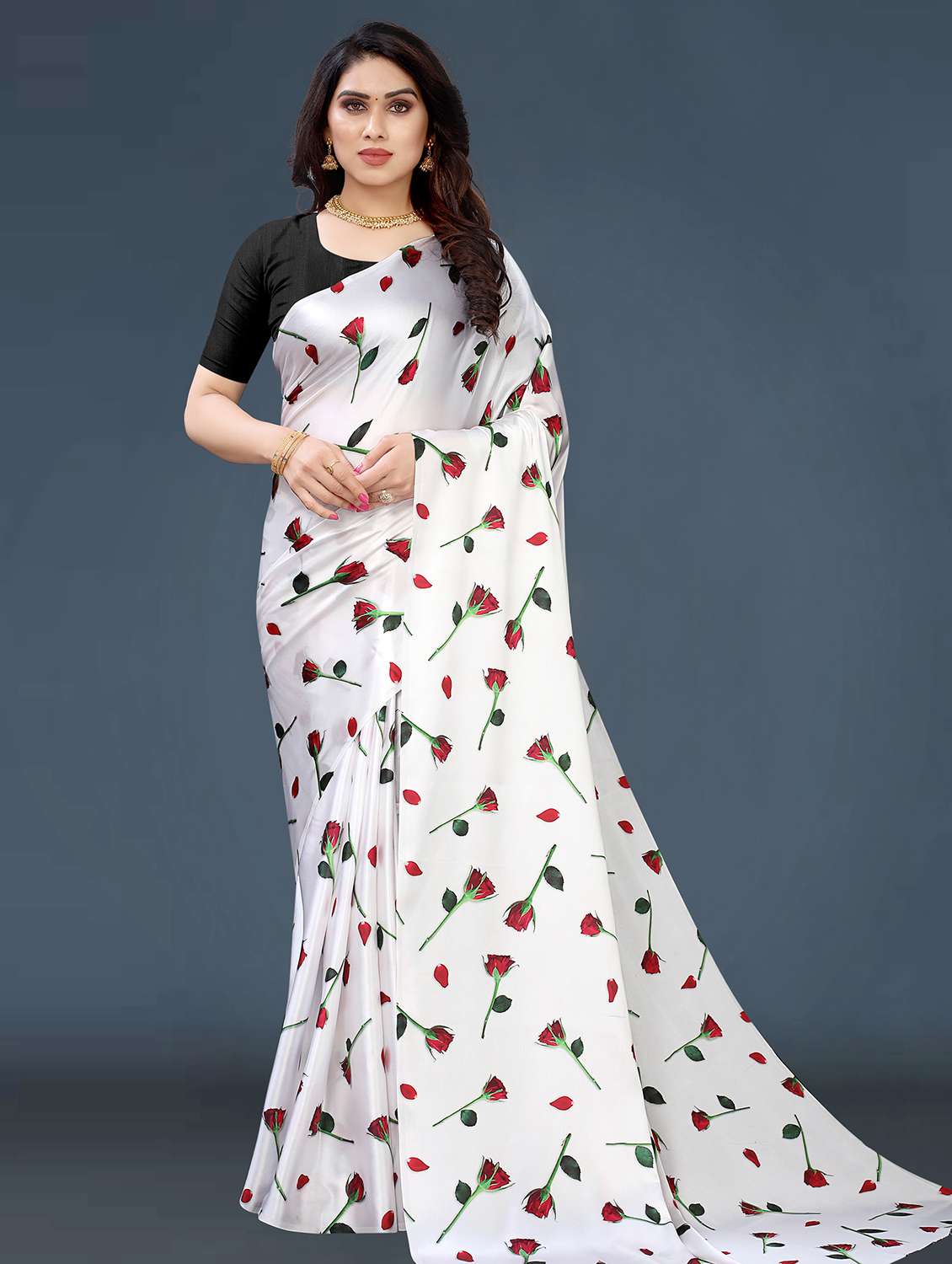 women's floral white colored saree with blouse