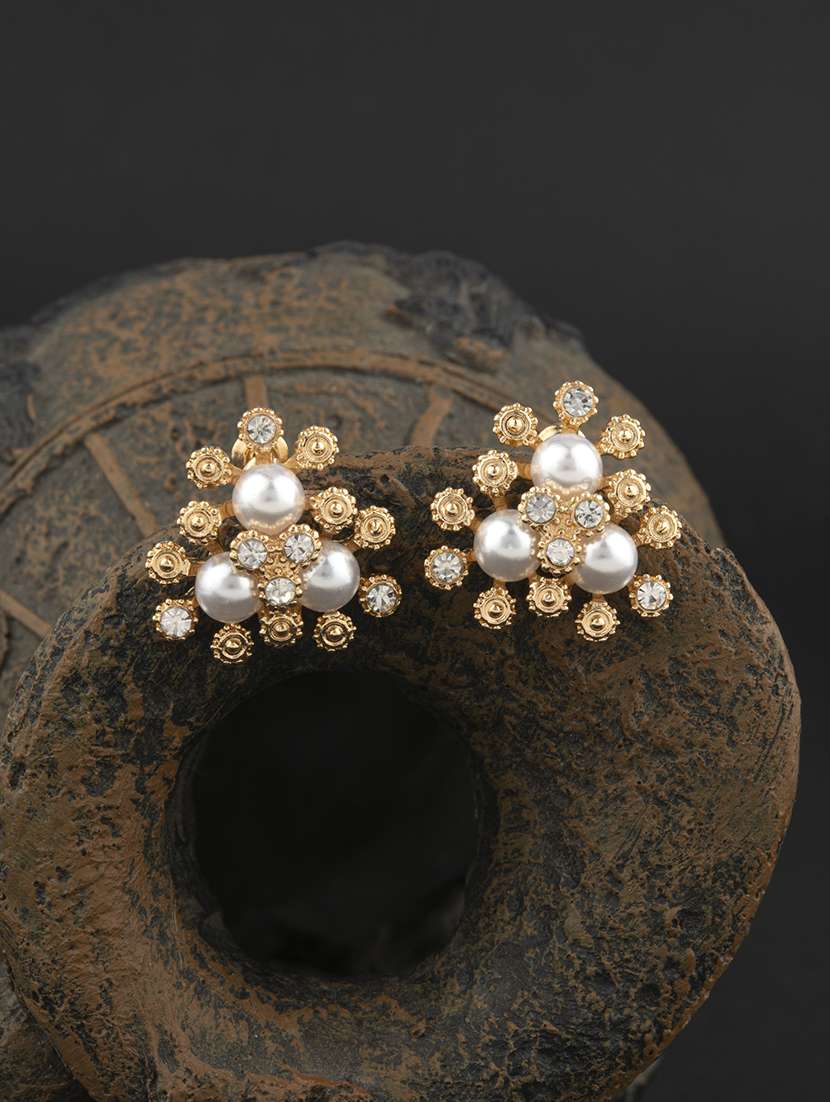 contemporary gold toned with white beads stud earring