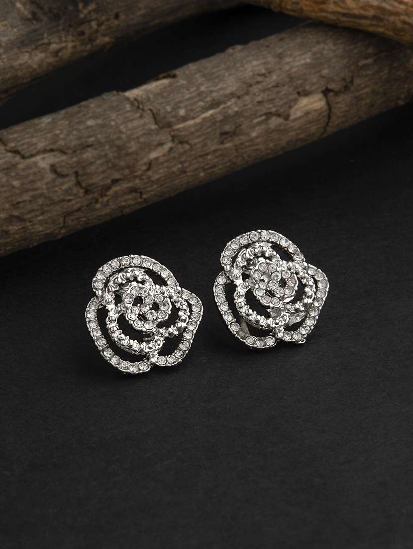 contemporary silver toned embellished with cz diamond stud earring