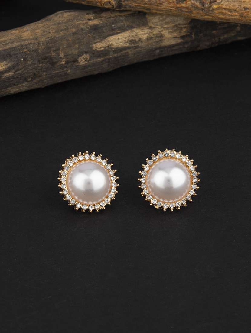 contemporary gold toned with white beads stud earring