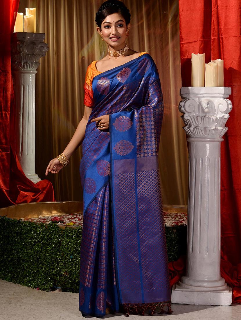 women's self design navy blue colored saree with blouse