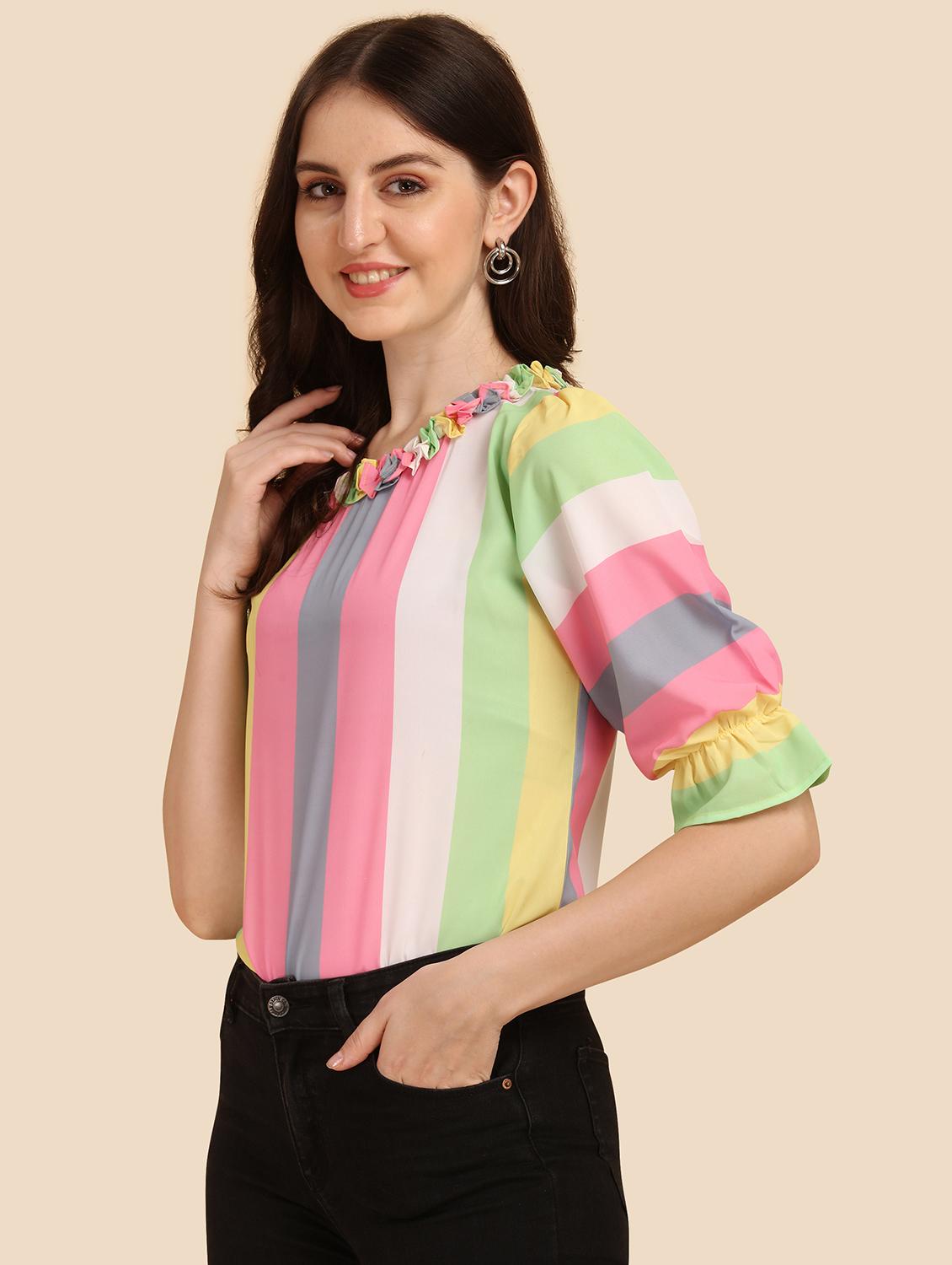 striped ruffle neck regular top - 18500186 - Standard Image - 1