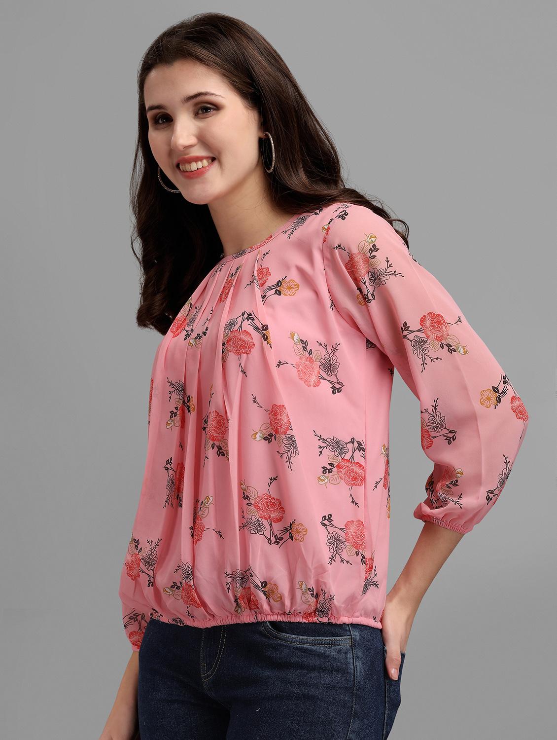 round neck floral print blouson top - 18500237 - Standard Image - 1