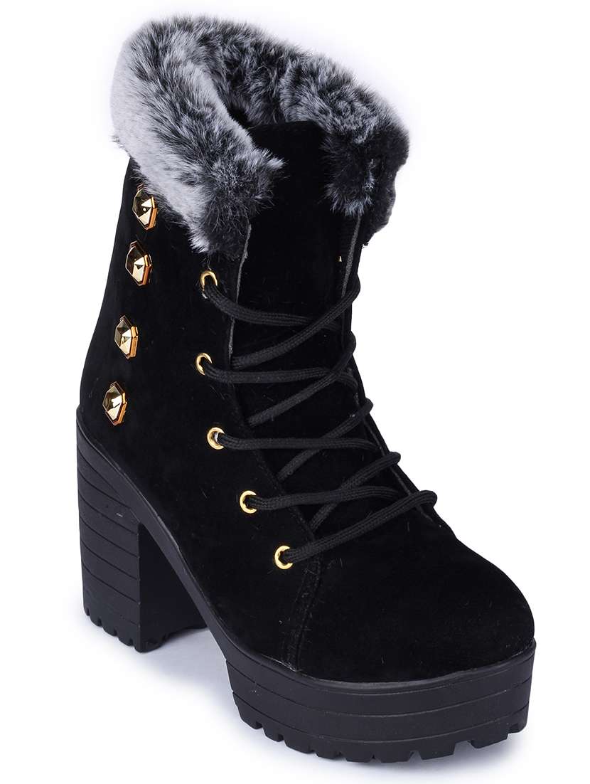 women black lace up ankle boots with fur accent