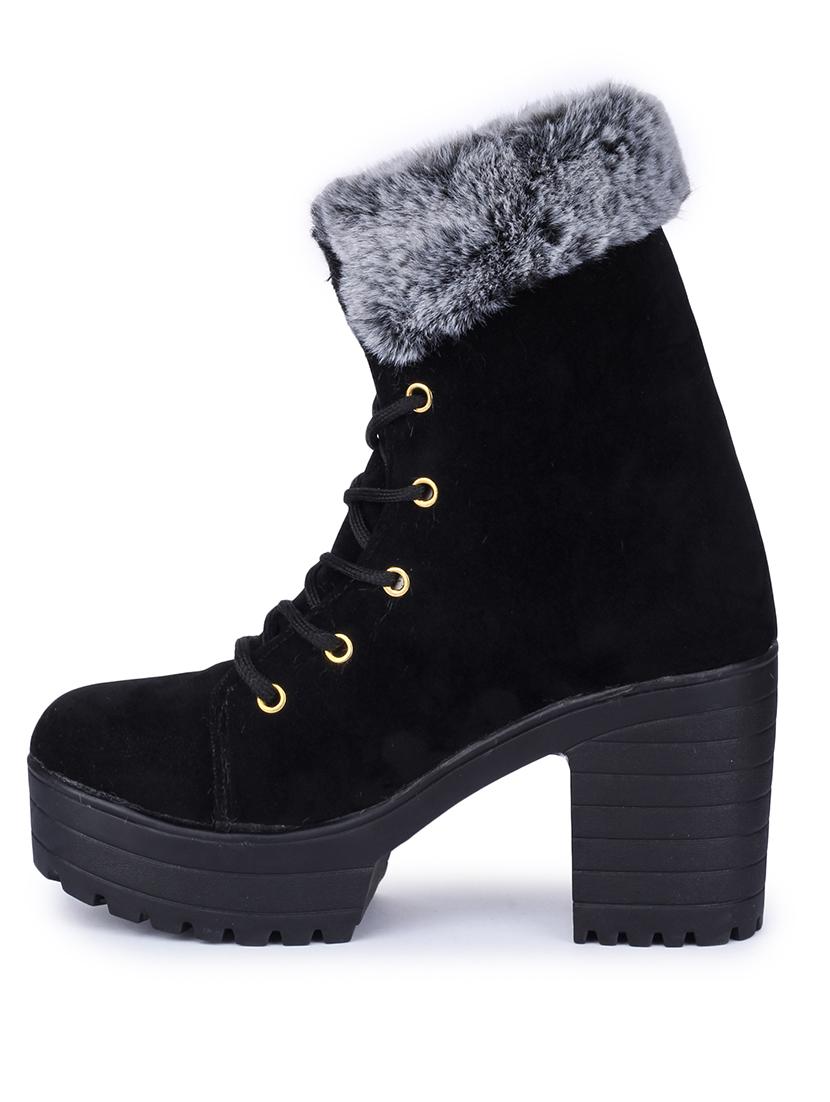 women black lace up ankle boots with fur accent - 18502609 -  Standard Image - 1