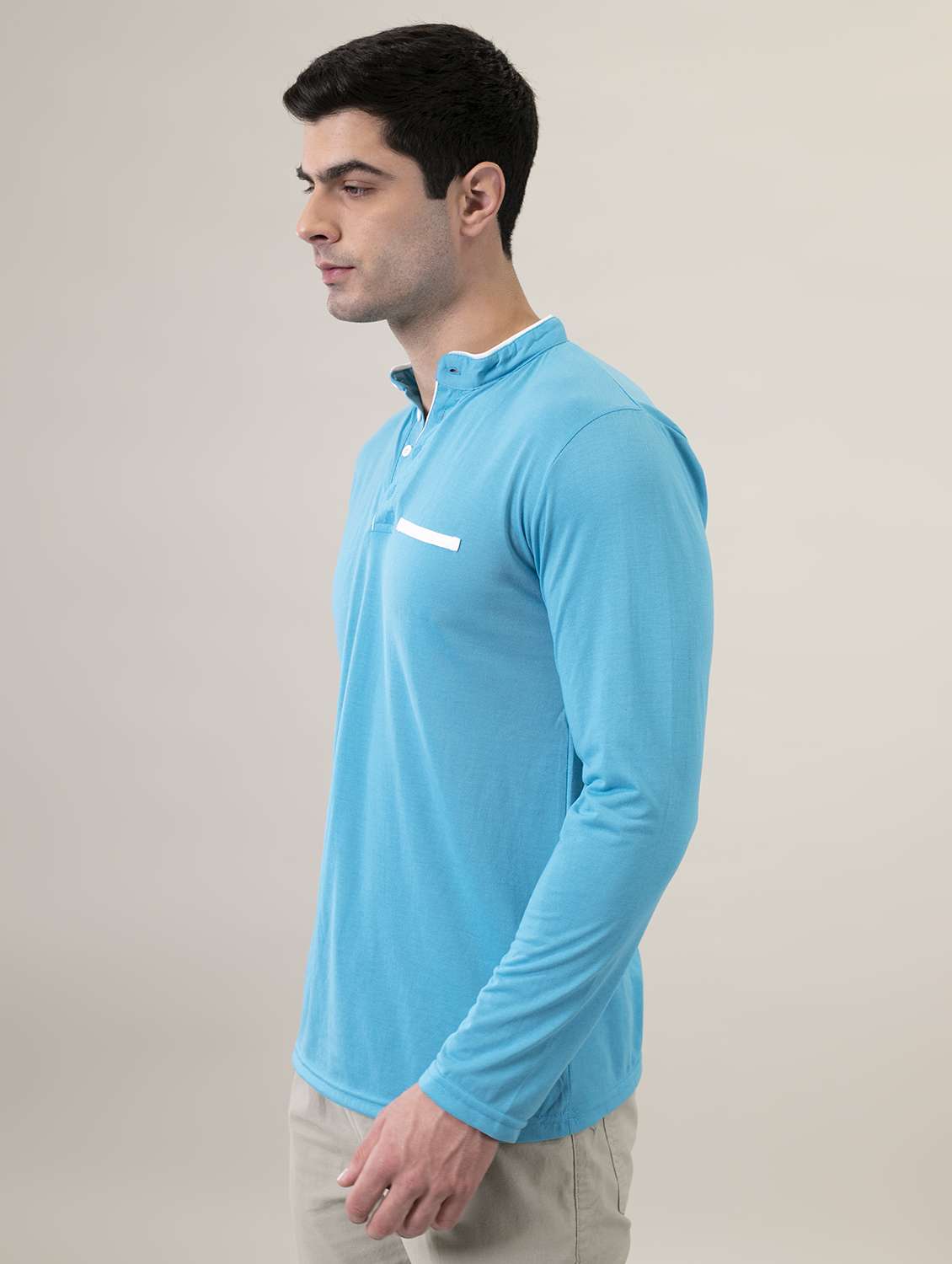mandarin neck contrast piping solid t-shirt - 18507574 -  Standard Image - 1