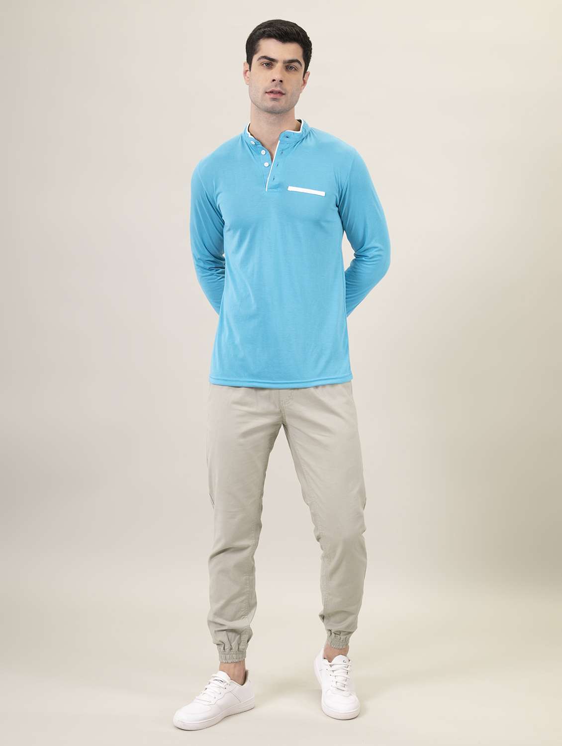 mandarin neck contrast piping solid t-shirt - 18507574 -  Standard Image - 4