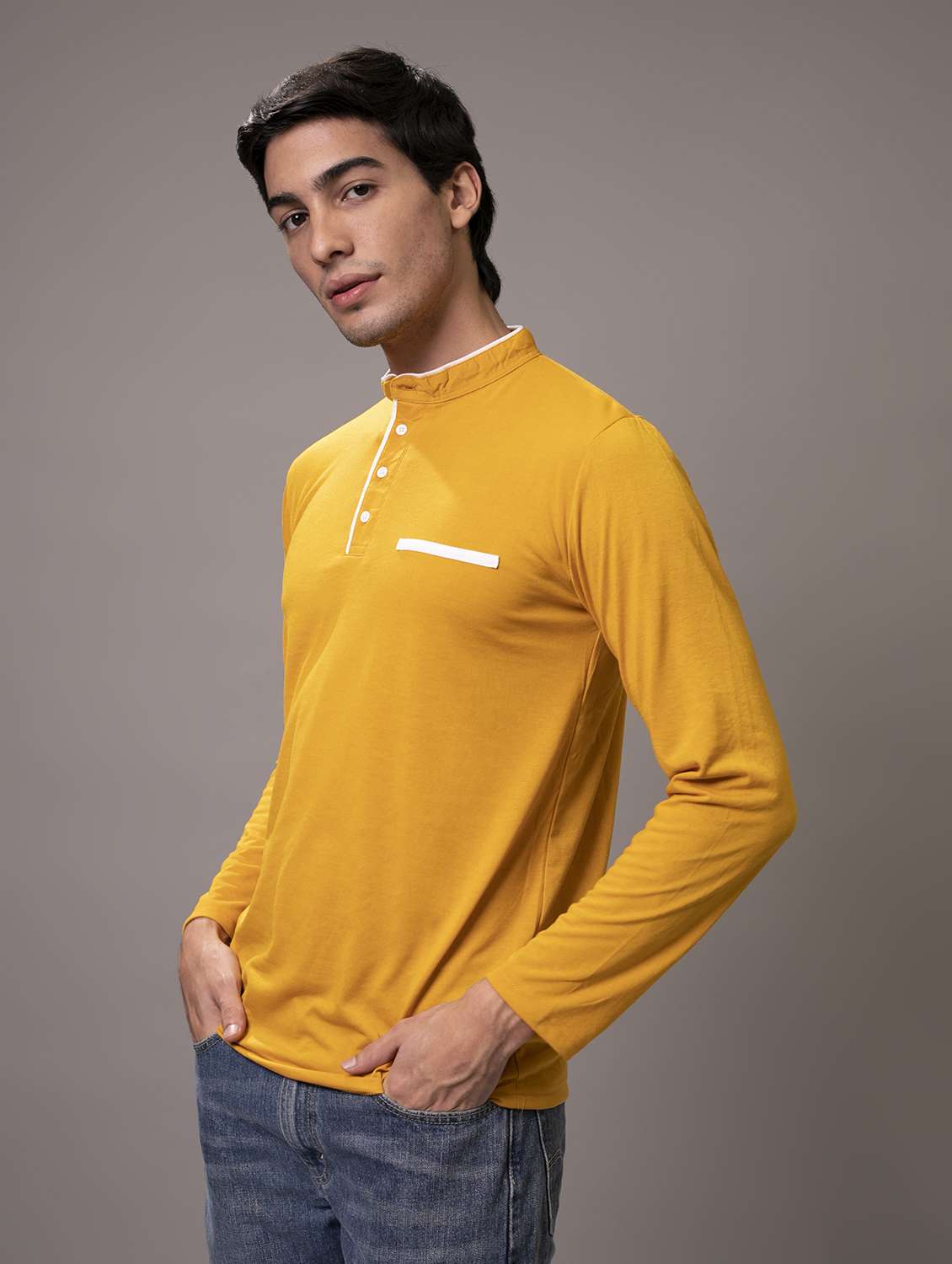 men mustard solid regular fit long sleeve t-shirt - 18507576 -  Standard Image - 1