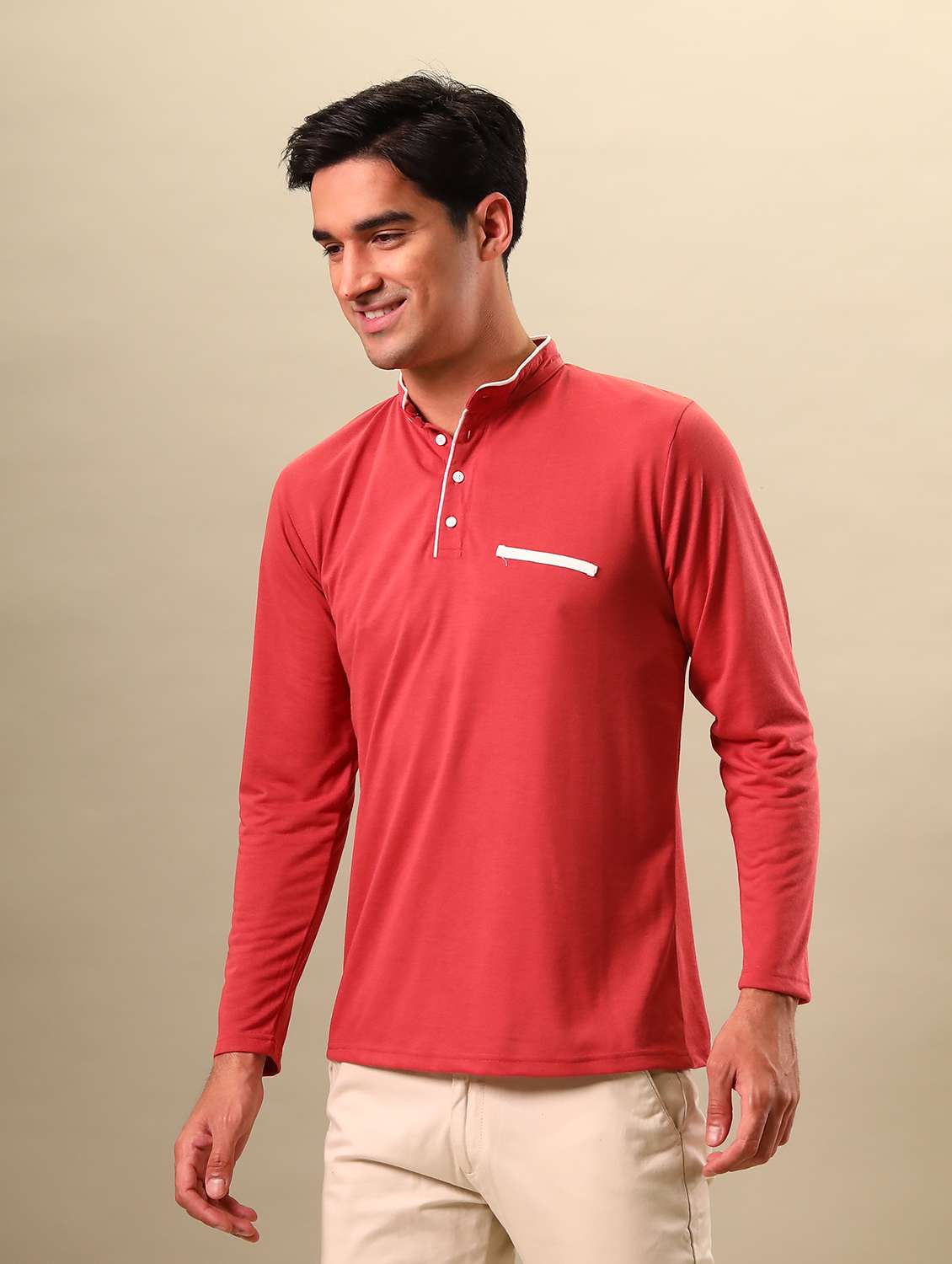 pink mandarin neck contrast piping solid t-shirt - 18507578 -  Standard Image - 1