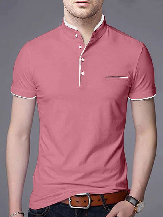 men pink slim fit contrast piping solid t-shirt