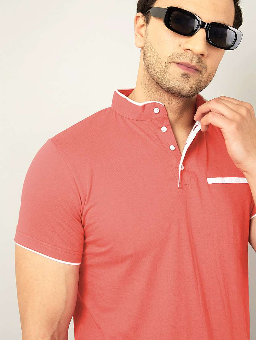 mandarin neck contrast piping solid t-shirt