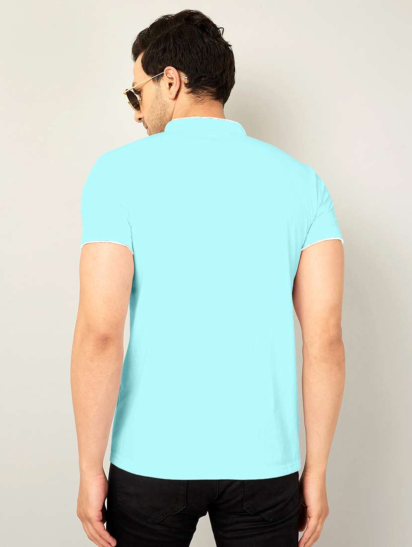 men turquoise regulal fit mandarin neck solid t-shirt - 18507587 -  Standard Image - 1