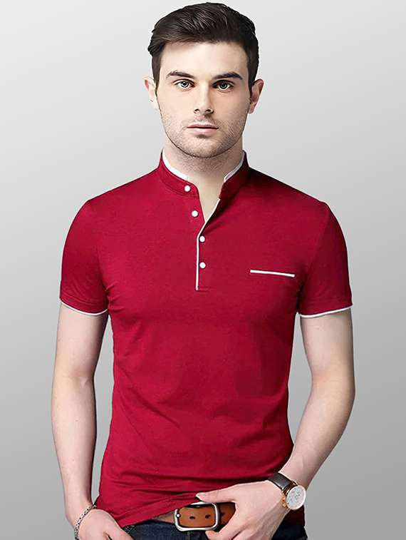 mandarin neck contrast piping solid t-shirt