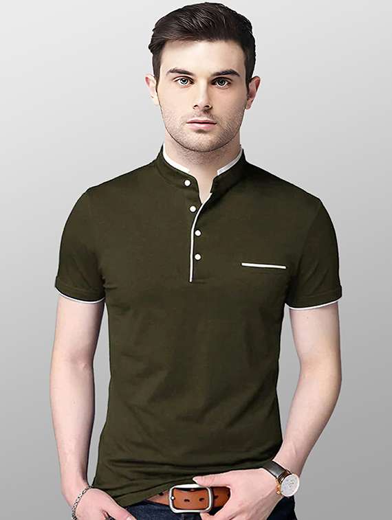 mandarin neck contrast piping solid t-shirt
