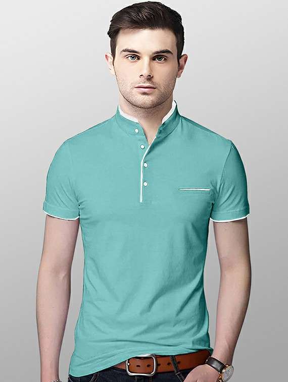 mandarin neck contrast piping solid t-shirt