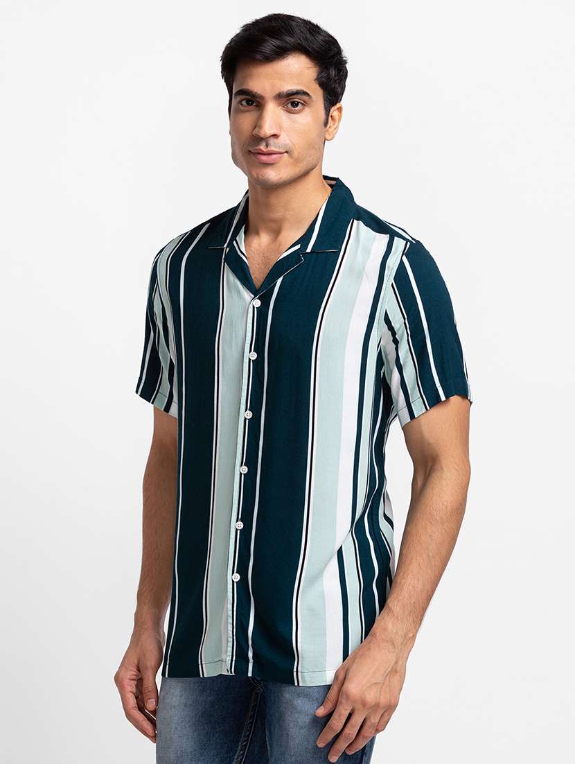 globus men teal & white stripes cuban collar short sleeves casual shirt - 18507794 -  Standard Image - 1