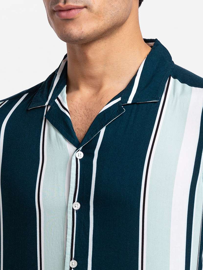 globus men teal & white stripes cuban collar short sleeves casual shirt - 18507794 -  Standard Image - 4