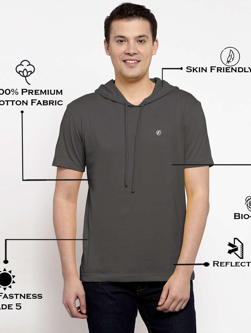 grey solid hooded t-shirt - 18510129 -  Standard Image - 4
