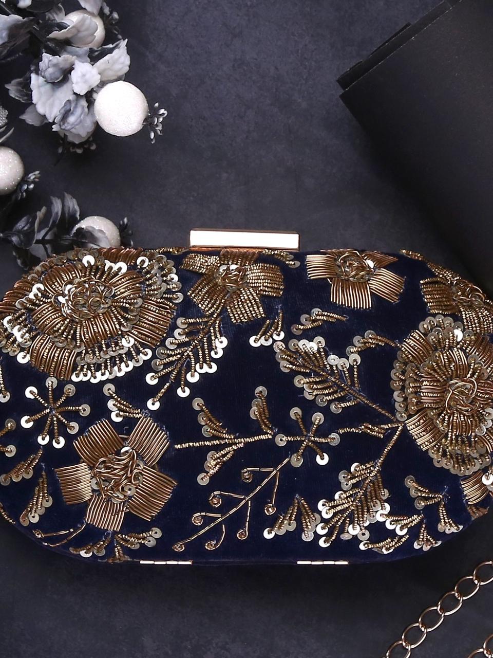 dbfashionvilla navy blue velvet zardozi clutch - 18510164 - Standard Image - 1