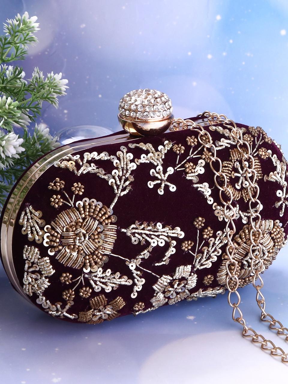 dbfashionvilla maroon velvet zardozi clutch box  - 18510169 -  Standard Image - 1