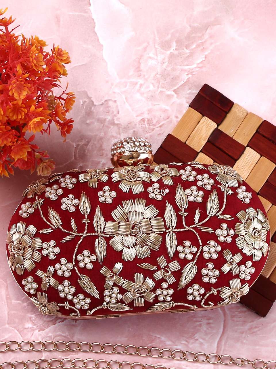 dbfashionvilla red oval zardozi clutch box - 18510185 - Standard Image - 1