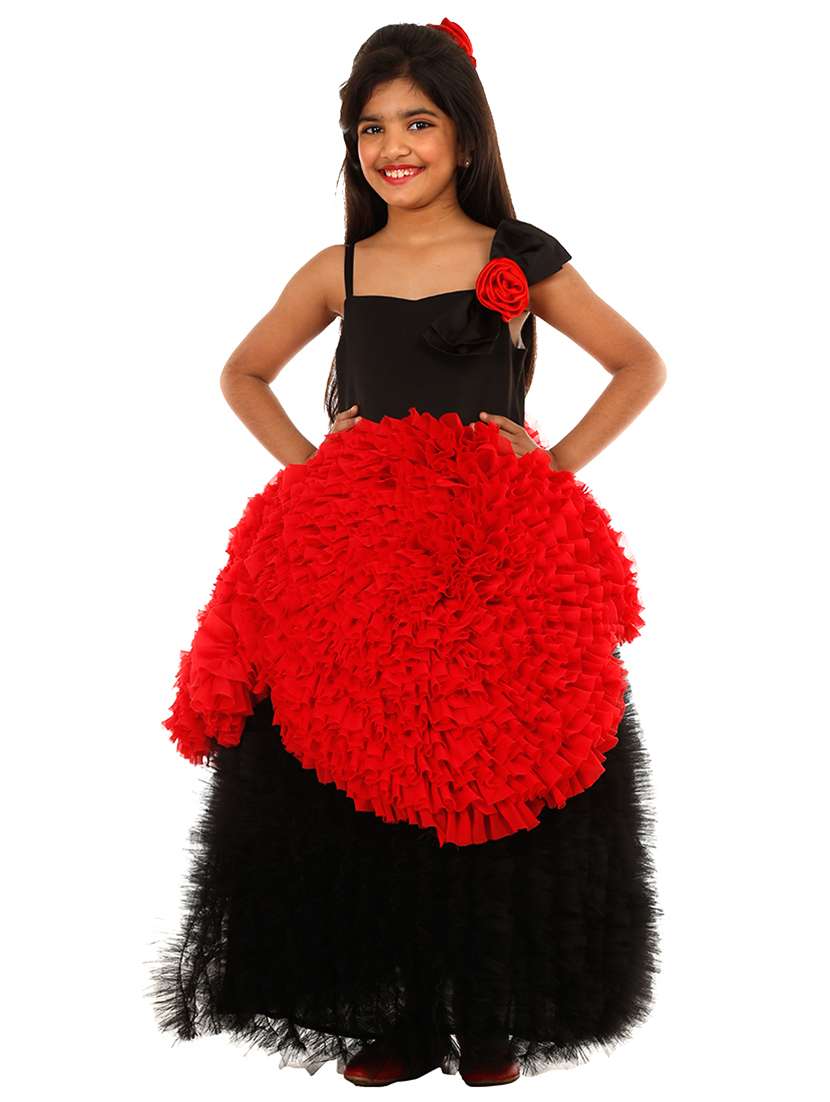 girls black embellished layered party gown