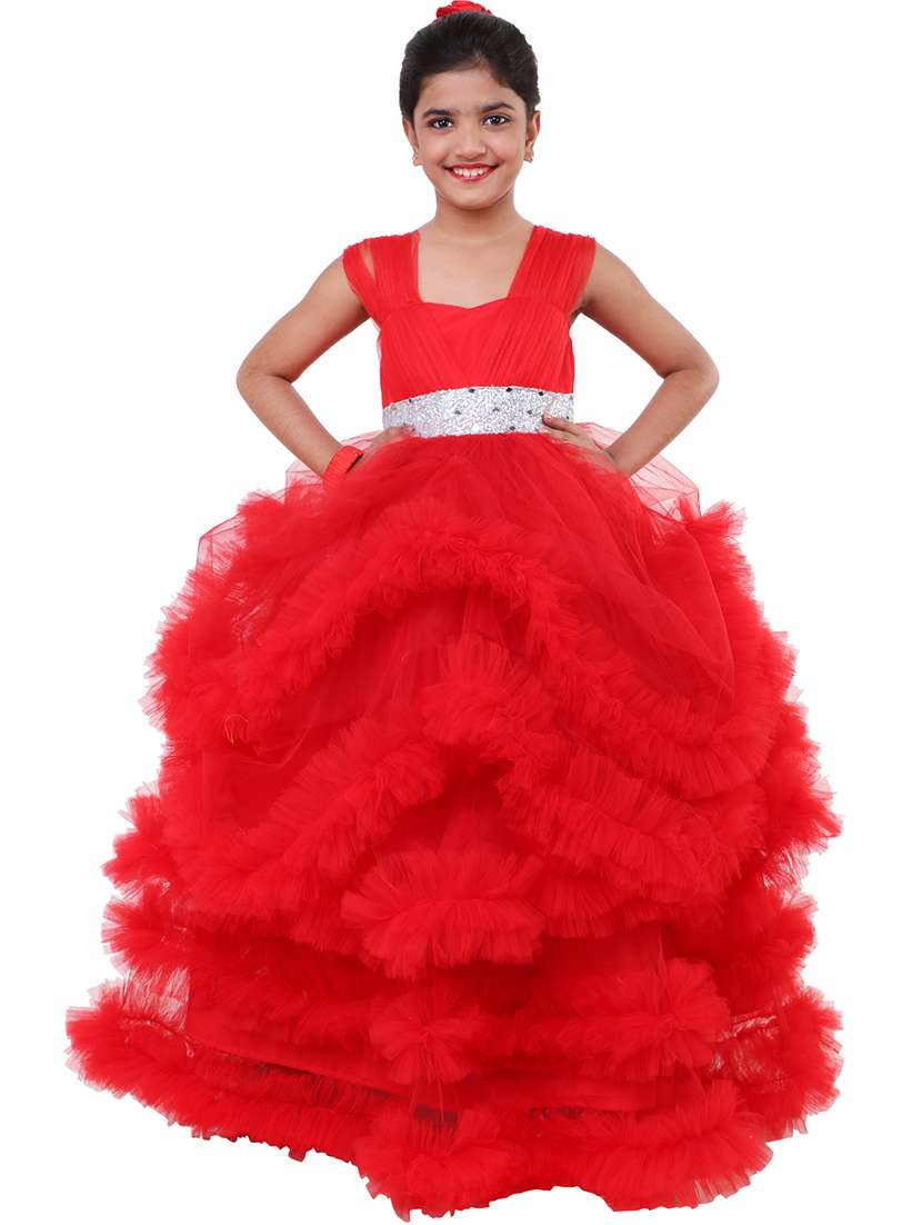 girls red embellished layered party gown