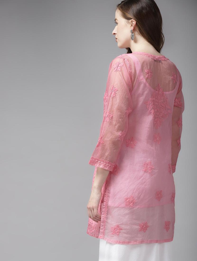 ada hand embroidered pink straight organza lucknowi chikankari kurti with slip - 18518377 - Standard Image - 1