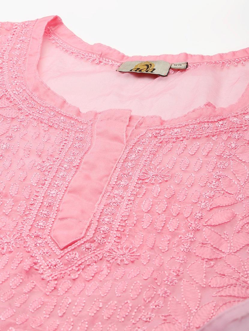 ada hand embroidered pink straight organza lucknowi chikankari kurti with slip - 18518377 - Standard Image - 4